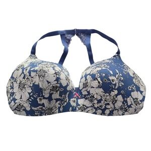 Cacique Simply Wire Free Plunge Bra 44DD Blue White Floral Lace Racerback Straps